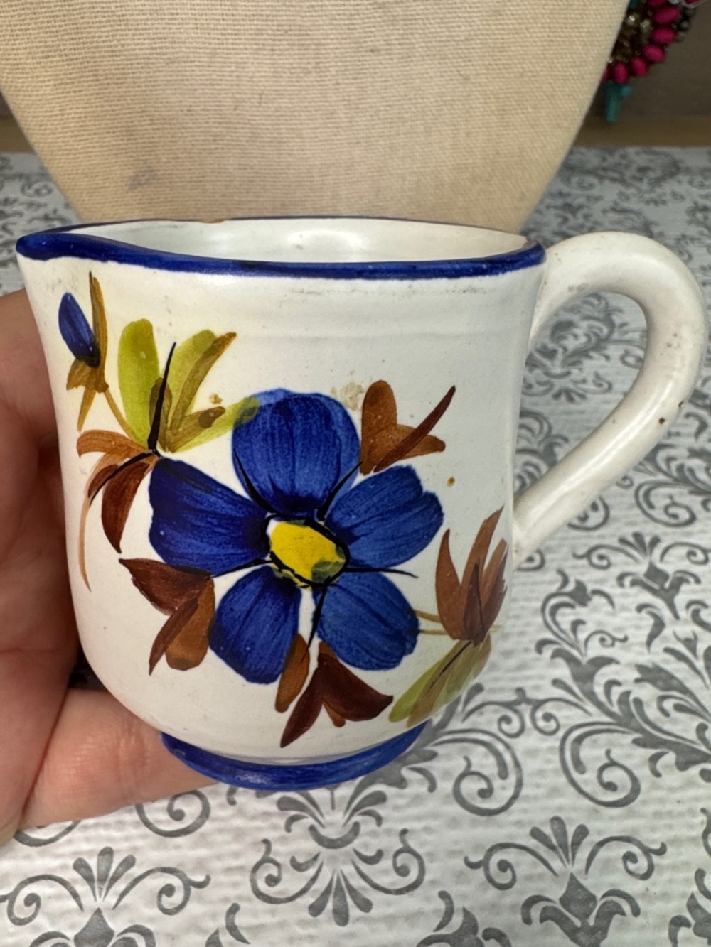 Hand-Painted Blue Floral Ceramic Pitcher From Italy